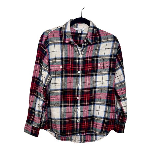 Old Navy Tops - Women’s Medium Boyfriend Cut Cotton Winter Cream, Red, & Green Plaid Flannel